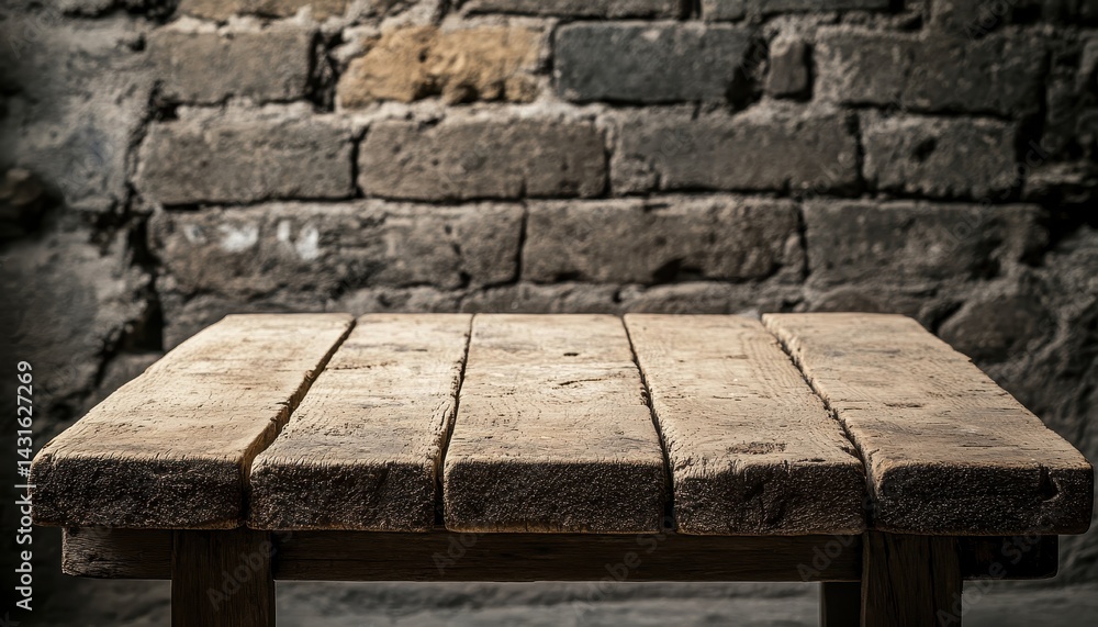 Fototapeta premium Rustic wooden table against aged brick wall