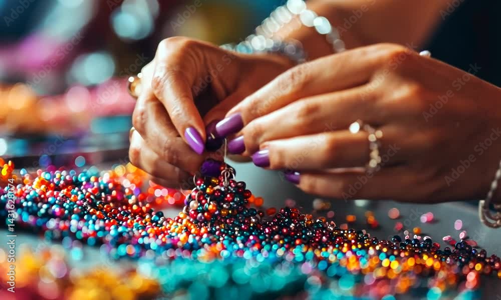 Close-up of hands skillfully arranging colorful beads for crafting in a vibrant workspace Close-up of hands skillfully arranging colorful beads for crafting in a vibrant workspace