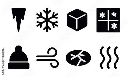 Winter and weather solid icons set – filled style seasons, climate, and nature symbols for forecasting: icicle, snowflake, ice cube, frost, hat, wind, leaf, steam.