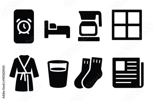 Home comfort solid icons set – filled style cozy living and relaxation symbols: alarm clock, bed, coffee maker, window, robe, glass, socks, newspaper.