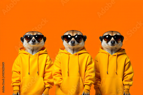 Three Fashionable Meerkats in Yellow Hoodies and Sunglasses Posing on Orange Background, Playful Animal Portrait, Cute Wildlife Concept