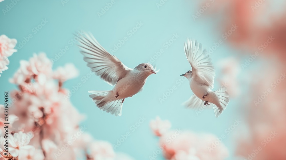Obraz premium Two birds in flight amongst blossoming pink cherry trees.