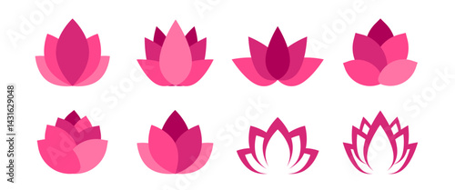 Pink Lotus vector Clip art, Meditaion and Spa Wellness illustration for Decoration, Isolated Cute Flower Icon set, Botany graphic elements (Editable)