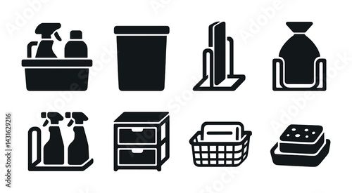 Home cleaning essentials icons set - solid style housekeeping, organization, hygiene symbols: spray bottle, trash bin, towel rack, garbage bag, sponge, basket, drawer
