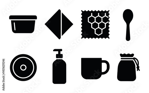 Sustainable living solid icons set – eco-friendly, zero waste, and green lifestyle symbols: container, beeswax wrap, spoon, napkin, soap dispenser, mug, pouch