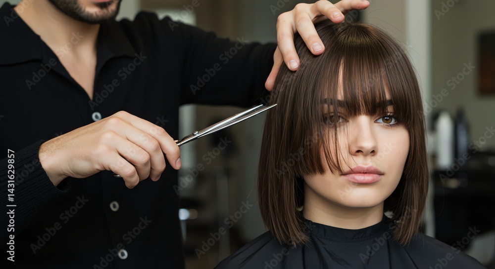 Obraz premium Professional Hairstylist Cutting Blunt Bangs on a Woman
