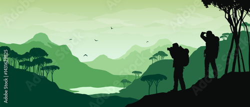 Beautiful flat wide vector landscape with hikers llooking at lake in front of mountains surrounded with subtropical trees.