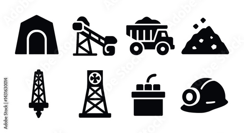 Mining industry solid icon set - flat style extraction, excavation, and industrial symbols for resource management: drill rig, dump truck, miner helmet, conveyor belt.