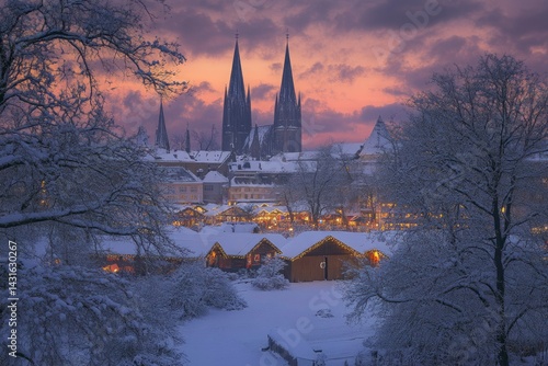 Snow Covered Christmas Market at Sunset with Cathedral
