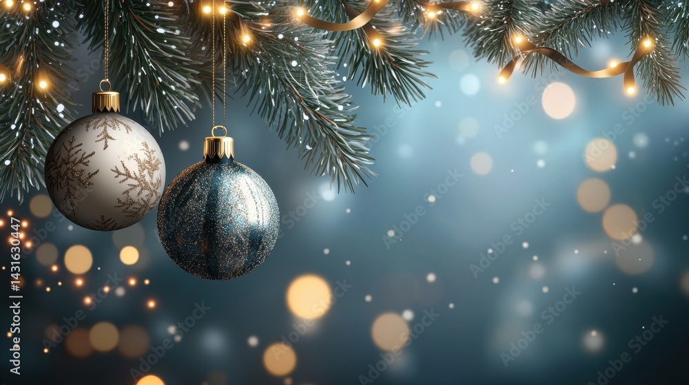 Festive Christmas background with ornaments, pine branches, and bokeh lights. Perfect for holiday greetings and seasonal designs. Festive Christmas background with ornaments, pine branches, and bokeh lights. Perfect for holiday greetings and seasonal designs.