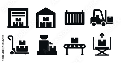 Warehouse and logistics solid icons set – filled style inventory, storage, and shipping symbols for supply chain: warehouse, forklift, conveyor, pallet, package, container