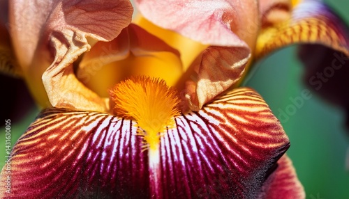 close up of vinous and yellow iris petal with stamen