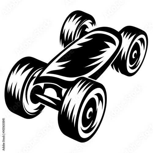 Black and white cartoon illustration of a four wheeled racing vehicle