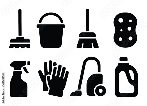 Home cleaning solid icons set – filled style housekeeping, sanitation, and hygiene symbols for maintenance: mop, bucket, broom, sponge, spray bottle, gloves, vacuum, detergent.