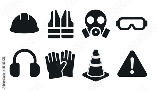 Workplace safety solid icons set – silhouette style symbols for hazard, protection, and security: hard hat, safety vest, gas mask, goggles, ear protection, gloves, traffic cone, warning sign.