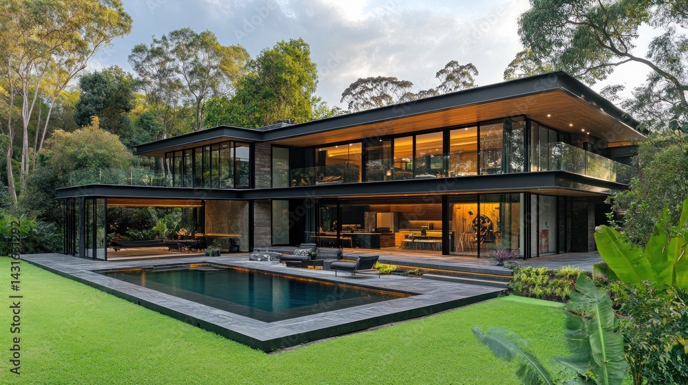 Fototapeta premium Luxury Modern House with Pool and Lush Greenery