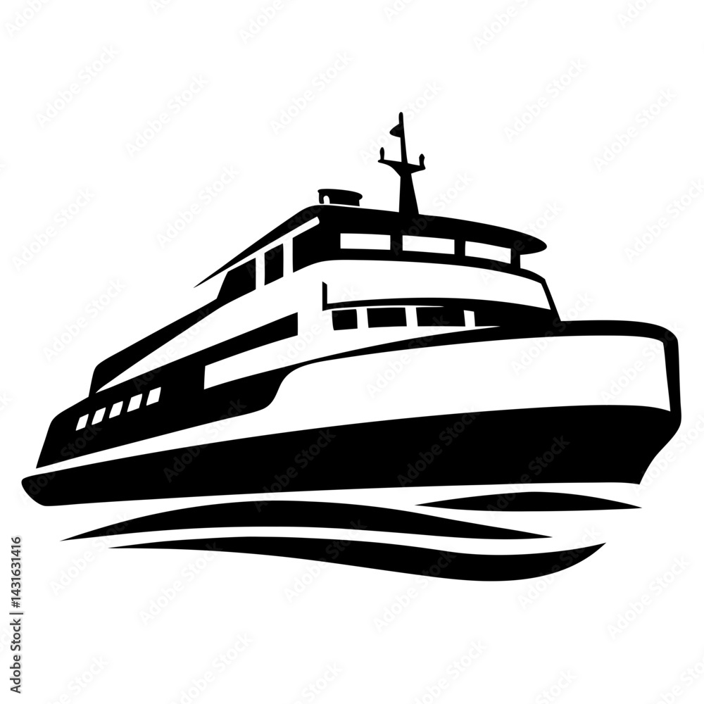 Obraz premium Sleek Black and White Ferry Boat on Water Logo Graphic Illustration