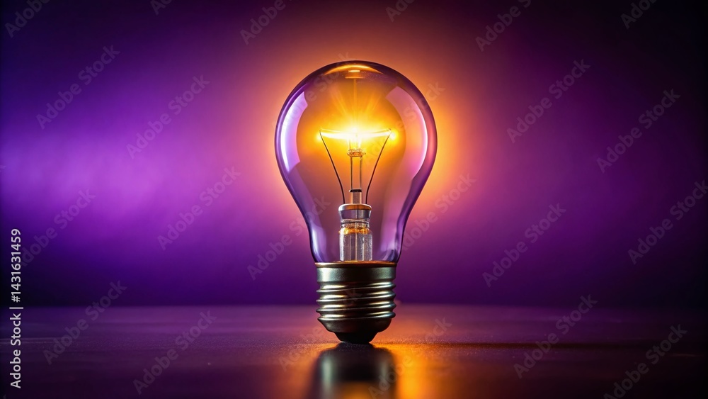 Glowing Light Bulb on Calming Purple Background - Stock Photo Glowing Light Bulb on Calming Purple Background - Stock Photo