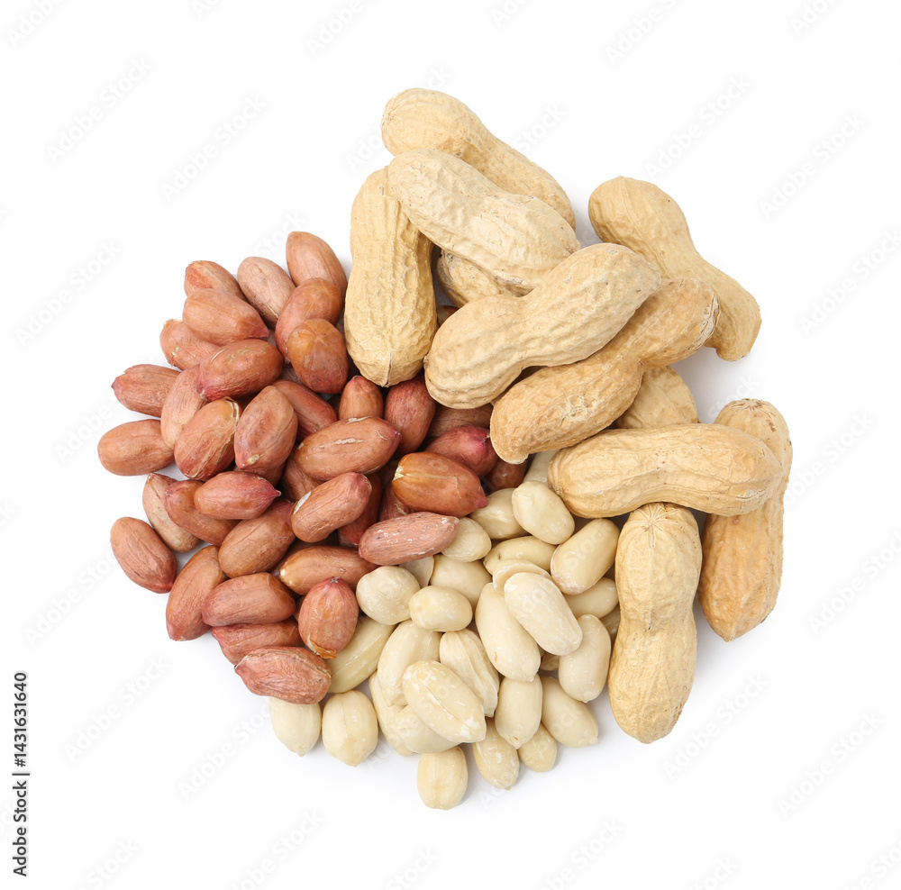 Pile of different peanuts isolated on white, top view Pile of different peanuts isolated on white, top view