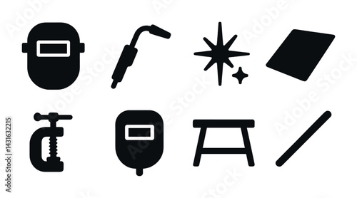 Welding equipment icon set – solid silhouette style for manufacturing, construction, and industrial use: welding mask, torch, spark, clamp, grinder, welding table