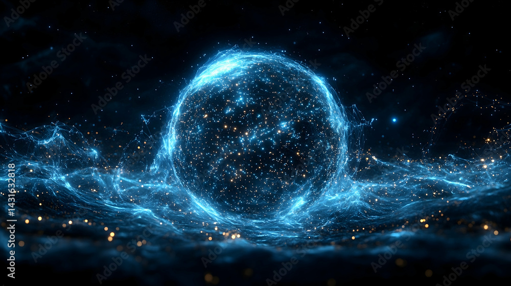 Obraz premium Glowing blue sphere amidst swirling starry nebula Intricate network of light