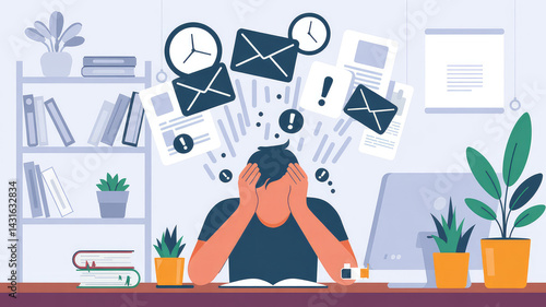 Overwhelmed: A person in a dimly lit office is buried under a tidal wave of looming deadlines, emails, and office supplies, symbolizing stress and the pressures of contemporary work.