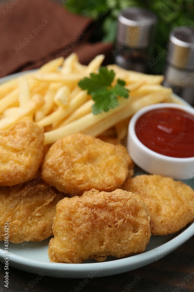 Tasty chicken nuggets and french fries with sauce on wooden table, closeup Tasty chicken nuggets and french fries with sauce on wooden table, closeup