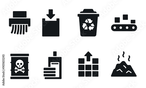 Waste management solid icons set – flat style recycling, disposal, and sustainability symbols for environmental solutions: shredder, recycle bin, toxic barrel, factory.
