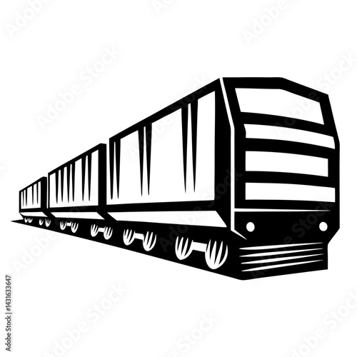 Stylized monochrome subway train speeding forward with cars in perspective