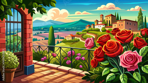 Very beautiful Roses on balcony, cityscape of San Gimignano, Tuscany landscape