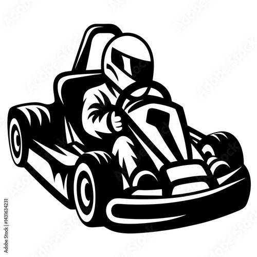 Bold black and white illustration of a go kart racer with helmet
