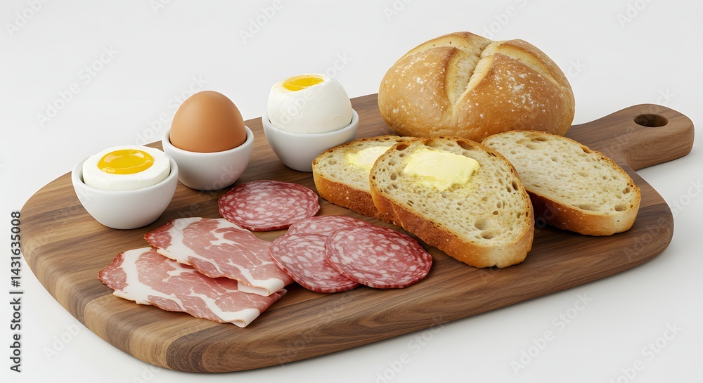 A delightful breakfast arrangement featuring bread, eggs, and cured meats, ready to enjoy. A delightful breakfast arrangement featuring bread, eggs, and cured meats, ready to enjoy.
