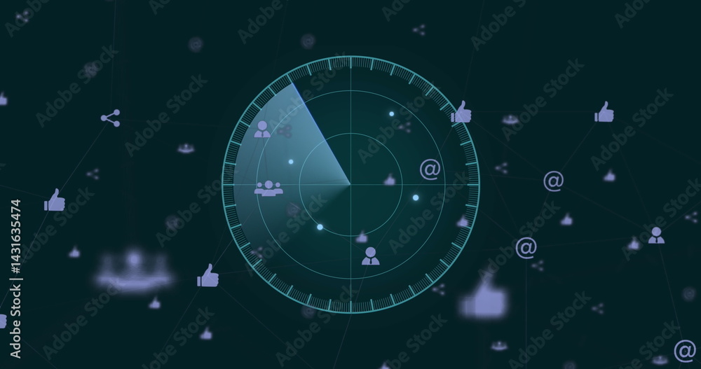 Fototapeta premium Digital image of scope scanning over multiple digital icons floating against black background