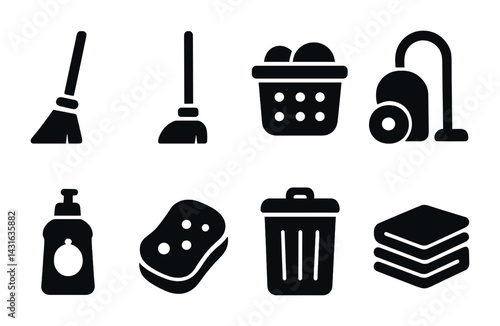 Household cleaning tools icon set – solid style home sanitation, cleanliness, and hygiene symbols: broom, mop, laundry basket, vacuum, soap, sponge, trash can, towels.