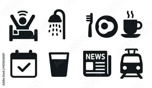 Morning routine solid icons set - flat style for daily habits and productivity: bed, shower, breakfast, coffee, calendar, glass, newspaper, train