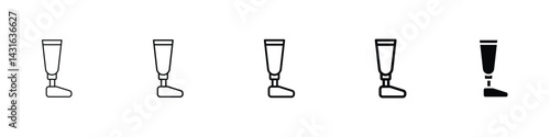 Set of 5 pixel perfect Prosthetic leg icon with 1 unexpanded, 1 silhouette, prosthetic leg icon, symbolizing medical aid, mobility, and rehabilitation in a clean vector format