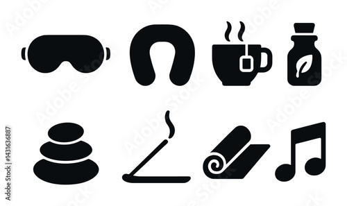 Wellness and relaxation solid icons set - flat style health, meditation, and spa symbols for self-care: eye mask, neck pillow, tea cup, essential oil, incense, yoga mat, music note.