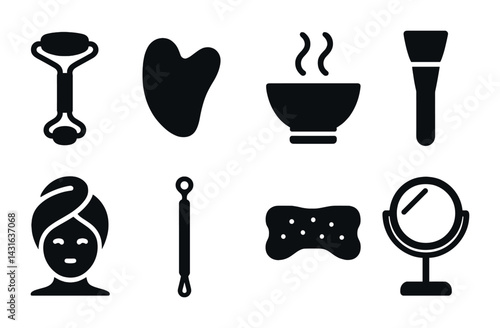 Beauty and skincare solid icons – silhouette style spa and self-care symbols for wellness branding: jade roller, gua sha, face mask, bowl, brush, sponge, mirror.