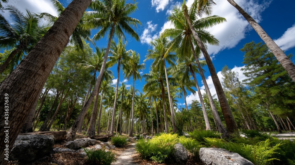 Fototapeta premium Tropical scene Palm trees stretch to the sky, amidst foliage & rocks, under blue skies