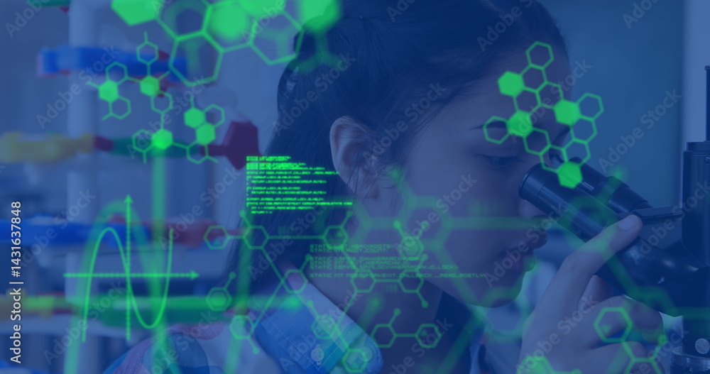 Image of science data processing over biracial schoolgirl Image of science data processing over biracial schoolgirl