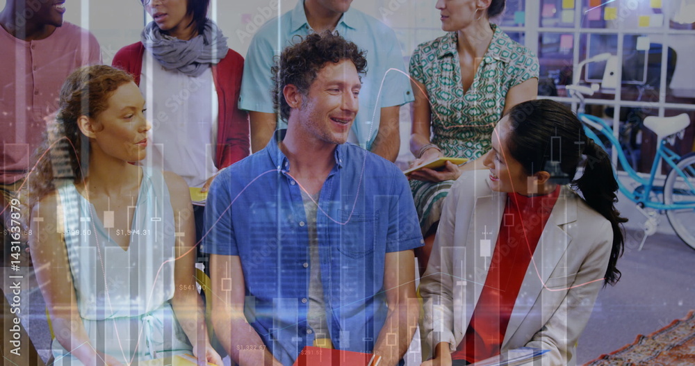 Obraz premium Image of financial data processing over diverse group of business people