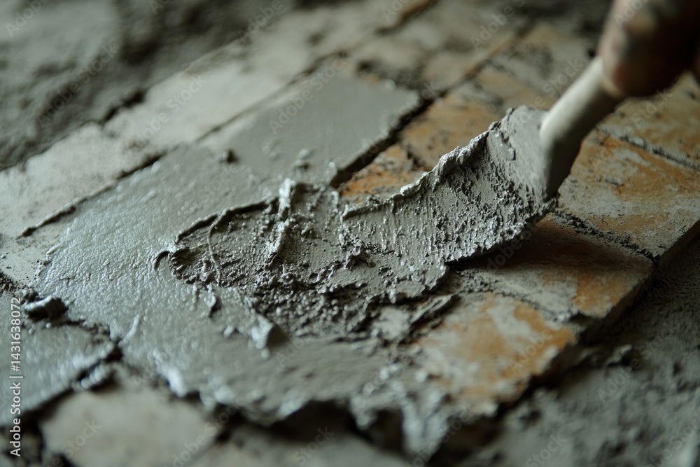 Close-up of a trowel spreading mortar on bricks during masonry work. Close-up of a trowel spreading mortar on bricks during masonry work.