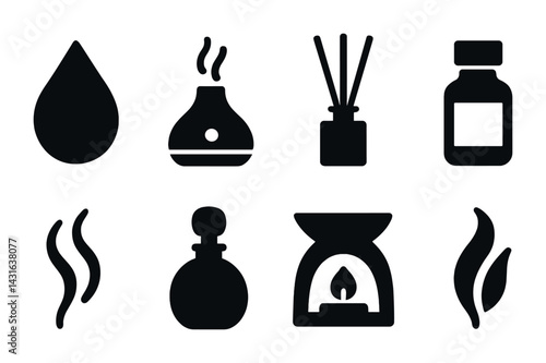 Aromatherapy and wellness solid icon set – flat style relaxation, essential oils, spa symbols for holistic healing: drop, diffuser, incense, bottle, flame, scent