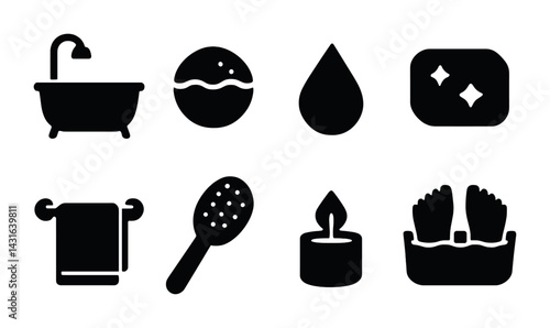 Bathroom and spa solid icons set – filled style wellness, relaxation, and hygiene symbols: bathtub, soap, water drop, towel, brush, candle, foot bath