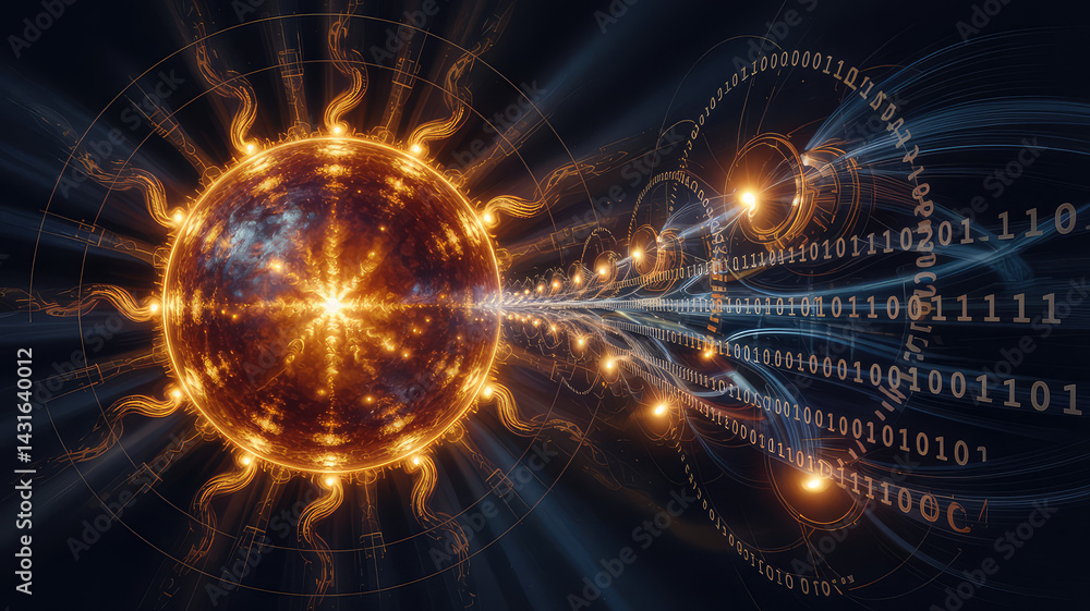 Obraz premium Digital Cosmos: A mesmerizing abstract artwork depicting a fiery orb emitting streams of glowing energy and binary code, symbolizing the interconnectedness of data and the universe.