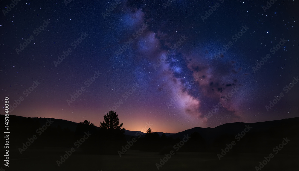 Twinkling stars above serene landscape at twilight, peaceful tranquility Twinkling stars above serene landscape at twilight, peaceful tranquility