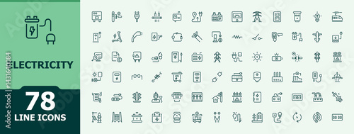 Electricity icon set. Contains related to charge, charger, solar, electrical, solar power, charging station and more. Charge icon collection. Minimal icons set. Vector illustration.