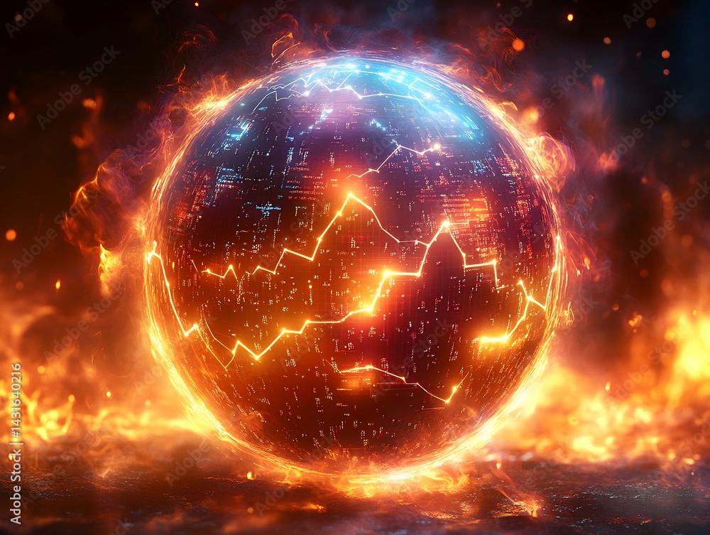 Obraz premium Fiery globe with glowing circuit lines forming a stock chart