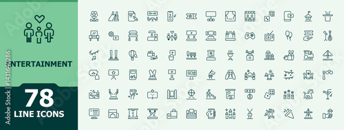 Entertainment icon set. Contains such icons as event, sport, activity, travel, vacation, holiday and more. Minimalist vector collections. Festival icon collection. Editable vector.
