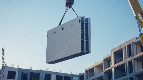 Crane lifting precast concrete wall panel during building construction.